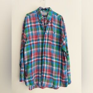 M Dumas & Sons Charleston SC linen plaid button up down shirt men’s Large